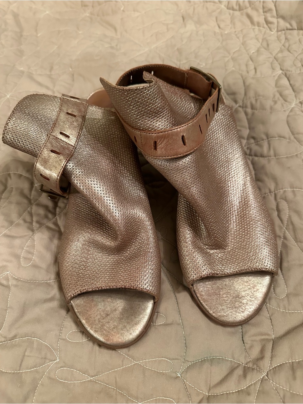 Nicole Metallic Rose-Tone Open Toe Ankle Strap Heels